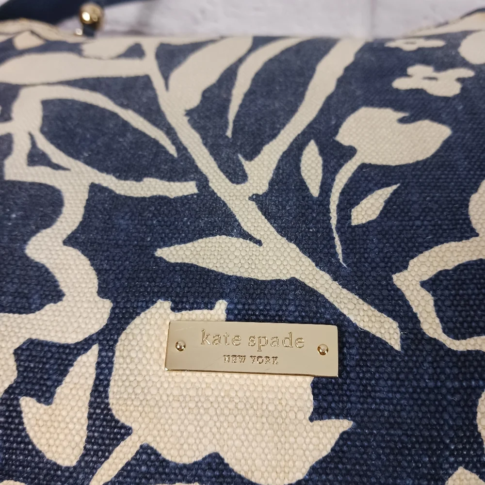 Kate Spade blue and white print canvas hobo bag